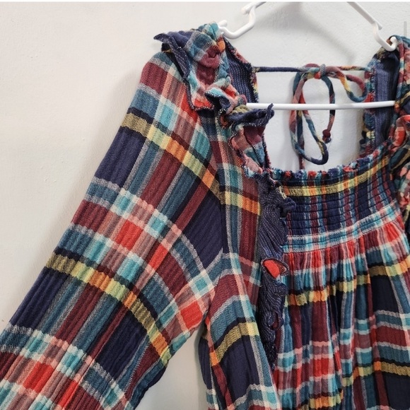 Free People We The Free Smocked Plaid Boho Top S - Picture 4 of 12